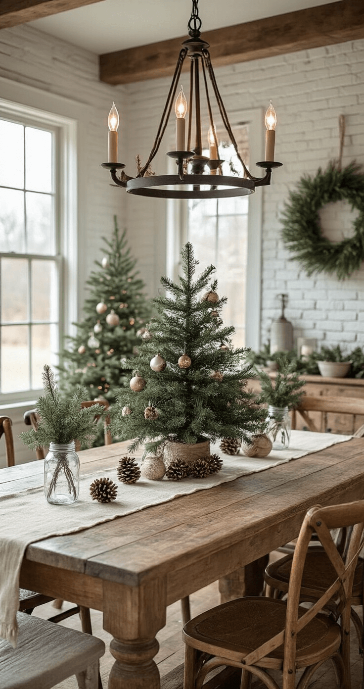 Crafting the Perfect Farmhouse Christmas Tree: A Cozy Holiday Guide A cozy farmhouse dining room features a reclaimed barn wood table adorned with a tabletop Christmas tree, vintage chairs, and mason jar centerpieces filled with evergreen sprigs. Surrounding the table are mixed metallic ornaments, twigs, and pinecone clusters. The whitewashed brick walls and iron chandelier above enhance the warm ambiance created by pendant and natural window lighting, complemented by a linen table runner in oatmeal hue.
