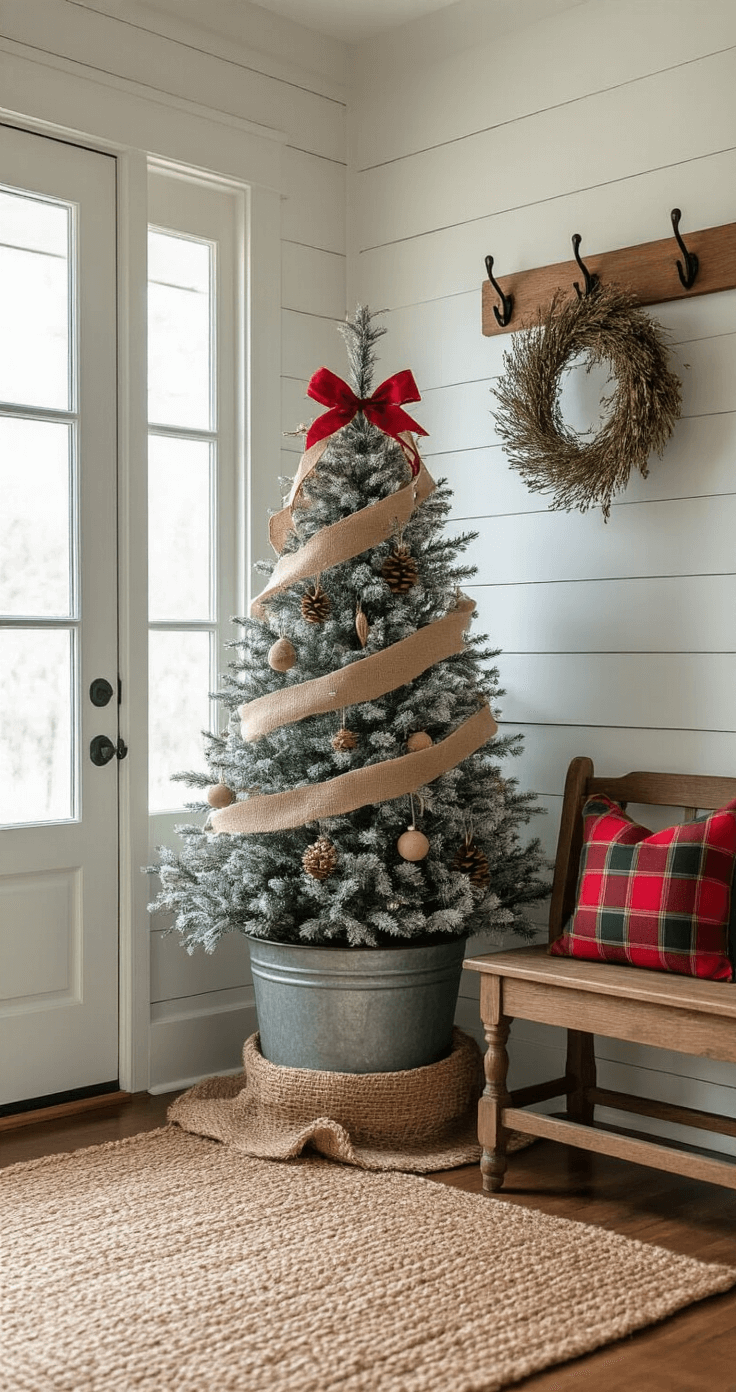 Crafting the Perfect Farmhouse Christmas Tree: A Cozy Holiday Guide A charming farmhouse entryway with a slim flocked Christmas tree in a vintage galvanized washbasin, adorned with burlap and red ribbon, wooden ornaments, and dried botanicals. The scene features shiplap wainscoting, vintage coat hooks, a braided jute rug, and an antique wooden bench with a plaid cushion, all illuminated by soft morning light filtering through a frosted glass door.