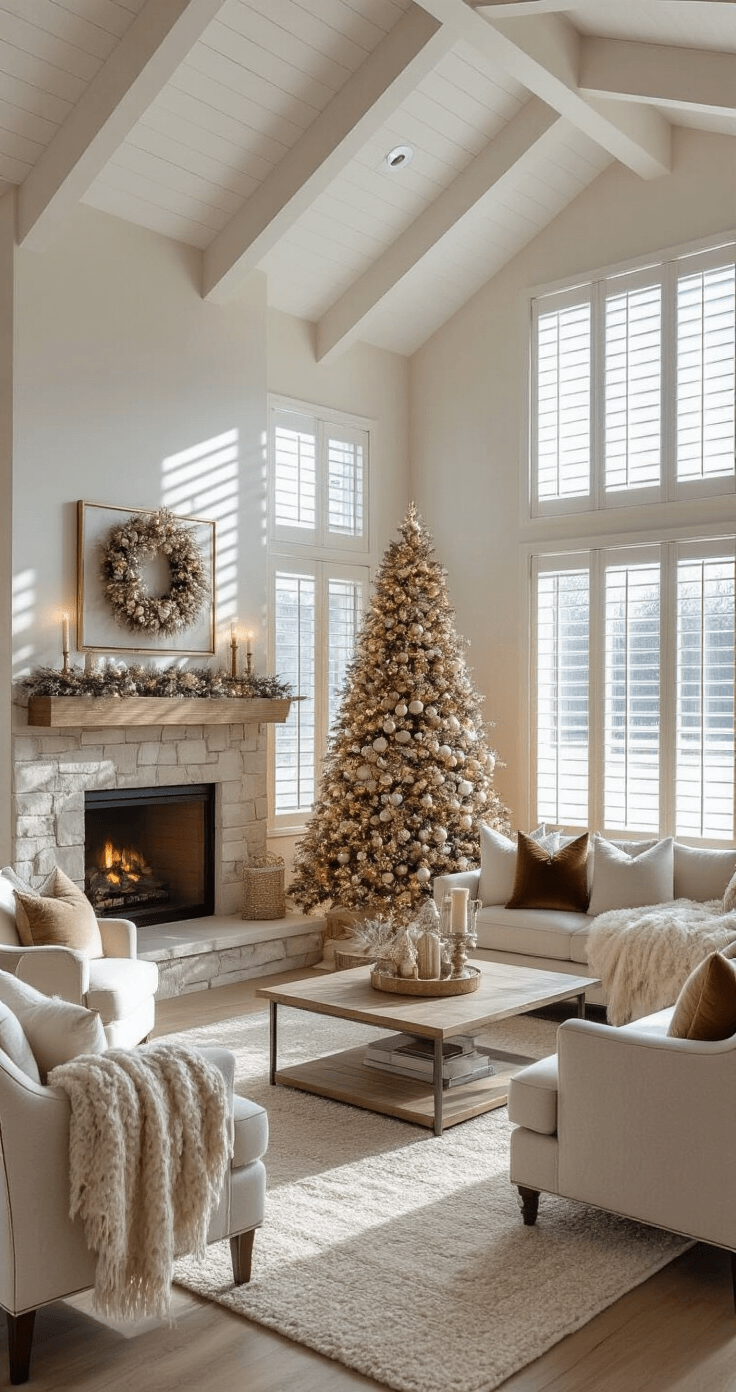 Champagne Christmas Tree: The Ultimate Luxe Holiday Styling Guide A spacious open-concept great room featuring vaulted ceilings with exposed white beams, illuminated by late afternoon light filtering through plantation shutters. A champagne Christmas tree with gold and silver ornaments stands near a stone fireplace, while a plush area rug in neutral tones anchors the modern farmhouse seating arrangement, complemented by velvet throw pillows and faux fur blankets. The scene captures a cozy elegance in contemporary luxury living, photographed from a wide angle in the dining area.