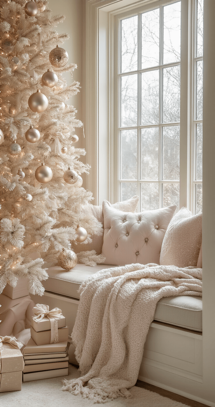Champagne Christmas Tree: The Ultimate Luxe Holiday Styling Guide Intimate reading nook with a 6-foot champagne tree and built-in window seat bathed in soft morning light. Frosted glass panels diffuse light onto blush pink and metallic neutral ornaments, creating a romantic atmosphere. Dove gray tufted cushions and a cashmere throw add comfort, while delicate floral picks in muted gold tones enhance the decor. Hardcover books are stacked nearby, and the scene captures the interplay of light and ornament details in a serene, luxurious holiday setting.