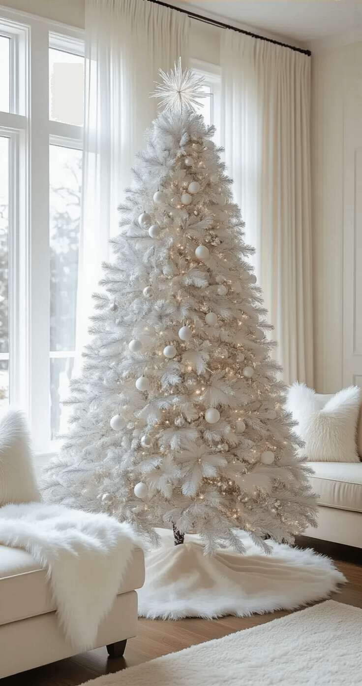White Christmas Tree Decorations: Creating a Winter Wonderland Elegance Sophisticated living room adorned with a 9-foot flocked Christmas tree near floor-to-ceiling windows, featuring a white feathered topper, pearl-white ribbon, and crystal ornaments, complemented by a plush cream sectional sofa and luxurious white faux fur accents.