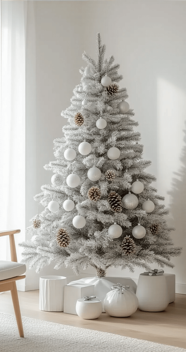 White Christmas Tree Decorations: Creating a Winter Wonderland Elegance A modern Scandinavian interior featuring a clean-lined white Christmas tree decorated with geometric white ornaments and subtle silver ribbons against crisp white walls, illuminated by golden hour light. The minimalist setting includes light oak flooring, natural wood furniture, and ceramic planters, creating a serene atmosphere with a monochromatic color scheme of pure white, warm oak, and brushed silver.