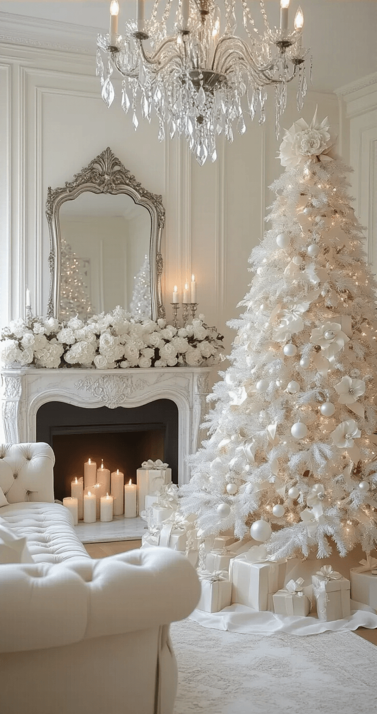 White Christmas Tree Decorations: Creating a Winter Wonderland Elegance A French-inspired living room featuring an opulent white Christmas tree near a marble fireplace, adorned with floral arrangements, pearl sprays, and vintage glass ornaments, illuminated by soft candlelight. The scene includes a tufted cream velvet sofa, an antique silver mirror, and a crystal chandelier, all showcasing rich textures and a color palette of champagne white and soft gold undertones.