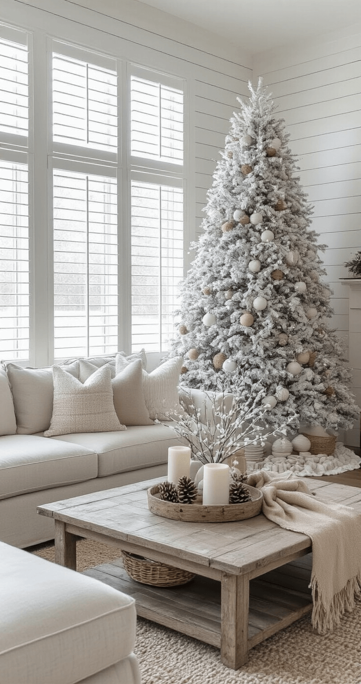 White Christmas Tree Decorations: Creating a Winter Wonderland Elegance A cozy modern farmhouse great room featuring a stunning white flocked Christmas tree adorned with rustic decorations, beside a shiplap accent wall, with morning light streaming through plantation shutters, complemented by layered textures and warm neutral tones.