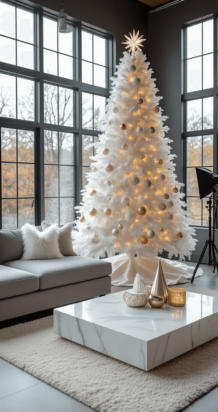 White Christmas Tree Decorations: Creating a Winter Wonderland Elegance Contemporary open-concept space featuring a beautifully styled white Christmas tree with a feathered topper, illuminated by golden hour light from large windows; includes professional camera equipment, a modern gray sectional, and a white marble coffee table, all surrounded by a palette of pure white, charcoal gray, and brushed gold.