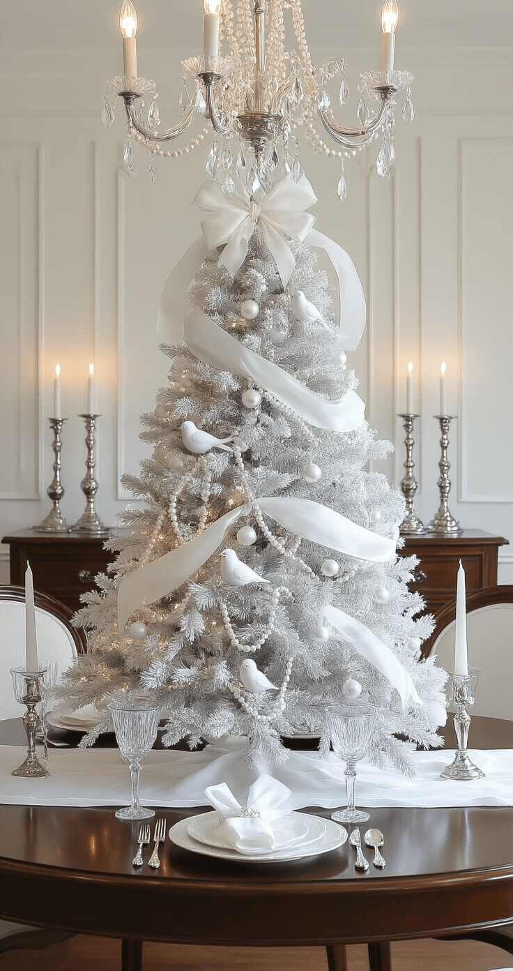 White Christmas Tree Decorations: Creating a Winter Wonderland Elegance Elegant dining room featuring a medium-height white Christmas tree centerpiece on an antique wooden sideboard, adorned with delicate bird ornaments and crystal accents, illuminated by soft chandelier lighting. The dark wood dining table is set with white linens, silver candlesticks, and crystal glassware, highlighting rich contrasts in materials and colors.