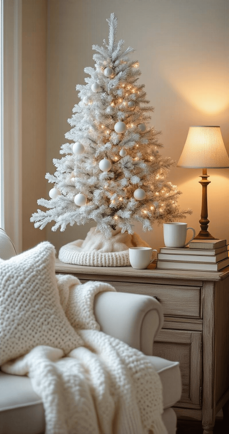 White Christmas Tree Decorations: Creating a Winter Wonderland Elegance Cozy reading nook with a compact white Christmas tree adorned with miniature ornaments and soft LED lights, alongside a warm table lamp, comfortable chair with a cashmere throw, and a steaming mug, all set against a backdrop of elegant textures and a warm color palette.