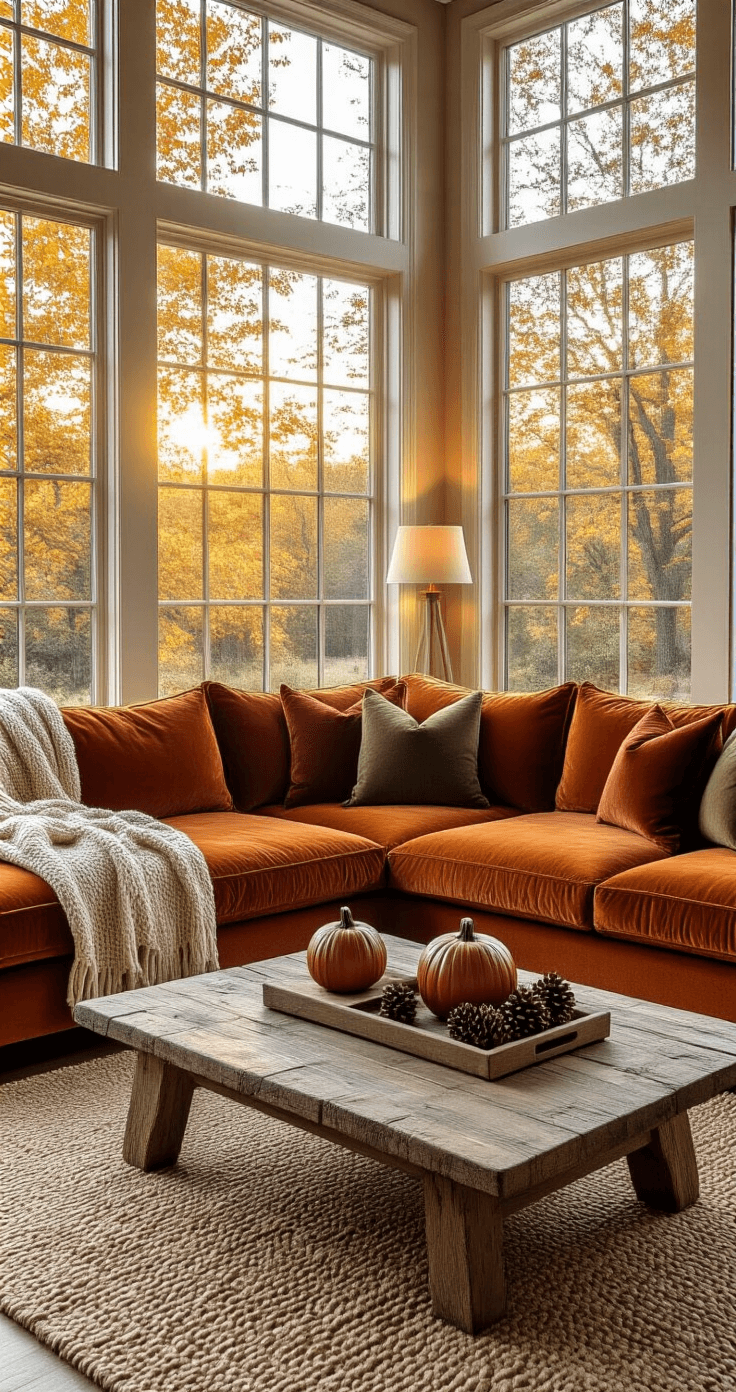 Cozy Fall Living Room Decor: Transform Your Space into an Autumnal Retreat Photorealistic living room featuring a deep burnt orange velvet sectional sofa adorned with cream and rust chunky knit throws, layered burgundy and olive green pillows, a reclaimed wood coffee table decorated with ceramic pumpkins and pinecones, and a woven jute rug, all illuminated by warm amber table lamp lighting during golden hour.