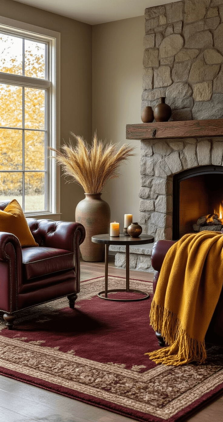 Cozy Fall Living Room Decor: Transform Your Space into an Autumnal Retreat Luxurious fall living room featuring rich burgundy leather accent chairs beside a stone fireplace, draped with golden yellow chenille throws, on a russet brown wool area rug, complemented by dark walnut side tables with brass accents, ceramic vases with dried wheat and autumn branches, and soft warm candlelight creating an inviting atmosphere.