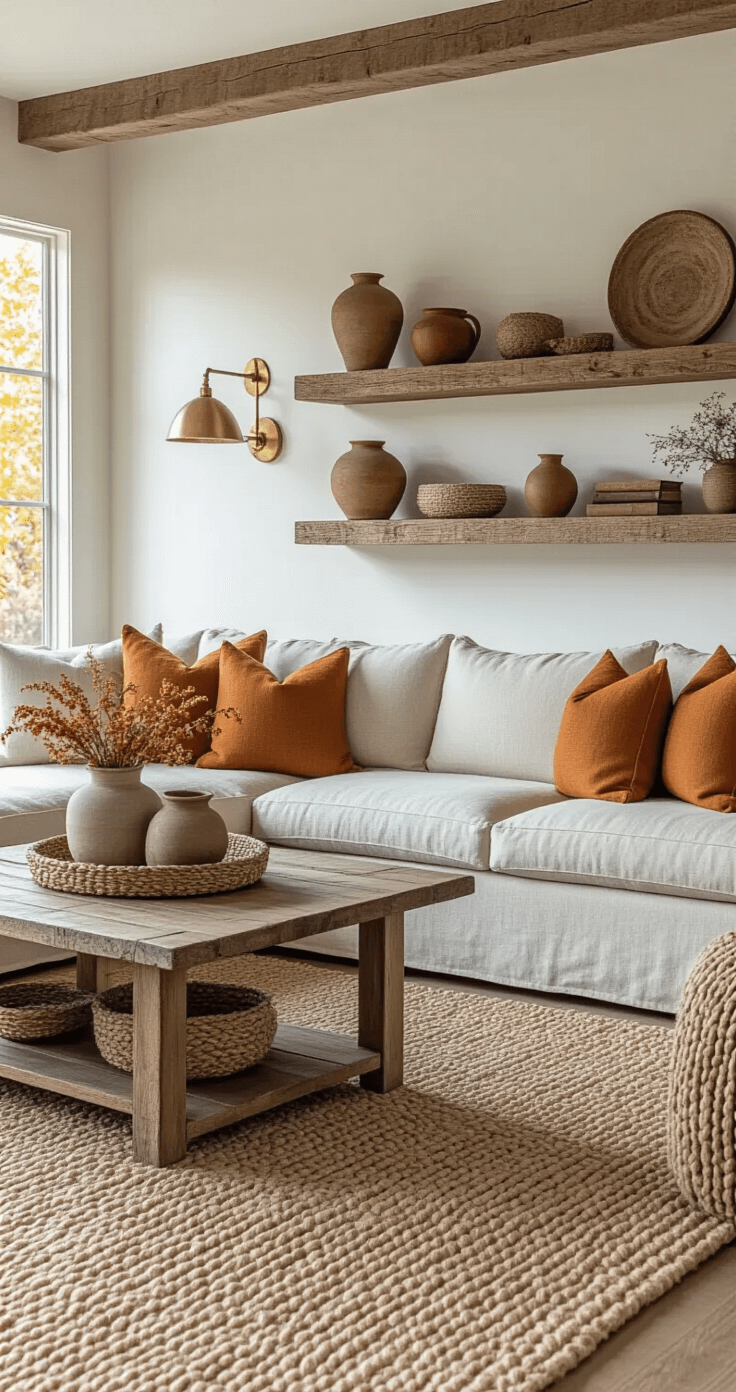 Cozy Fall Living Room Decor: Transform Your Space into an Autumnal Retreat A modern farmhouse living room bathed in late afternoon golden light, featuring a neutral linen sectional adorned with layered autumn throw pillows in burnt orange and deep gold, alongside reclaimed barn wood floating shelves displaying ceramic vessels and dried botanicals, all set on a chunky braided wool rug, complemented by vintage brass table lamps and mixed metallic accents for a cozy yet sophisticated atmosphere.