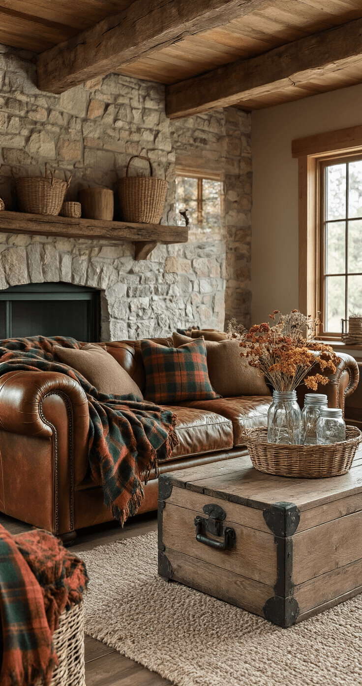 Cozy Fall Living Room Decor: Transform Your Space into an Autumnal Retreat A cozy rustic autumn living room featuring a weathered leather sofa adorned with wool plaid throws in rust and forest green, a vintage wooden trunk coffee table with mason jars of dried flowers, a collection of woven baskets, a distressed wood beam ceiling, and a stone accent wall, all set in a warm earth tone color scheme with soft natural daylight.