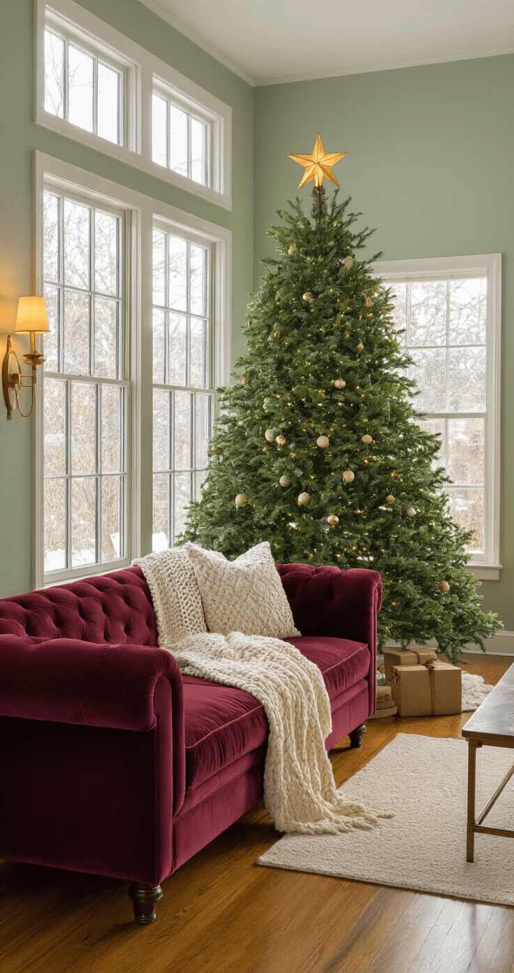 Ultimate Christmas Tree Toppers Guide: Transform Your Holiday Decor Cozy living room with a 9ft Fraser fir Christmas tree in the corner, adorned with a brass star topper, warm winter light streaming through frosted windows, rich burgundy velvet sofa with a cream cable-knit throw, hardwood floors reflecting amber glow, soft sage green walls, and vintage brass sconces illuminating the intimate holiday scene.