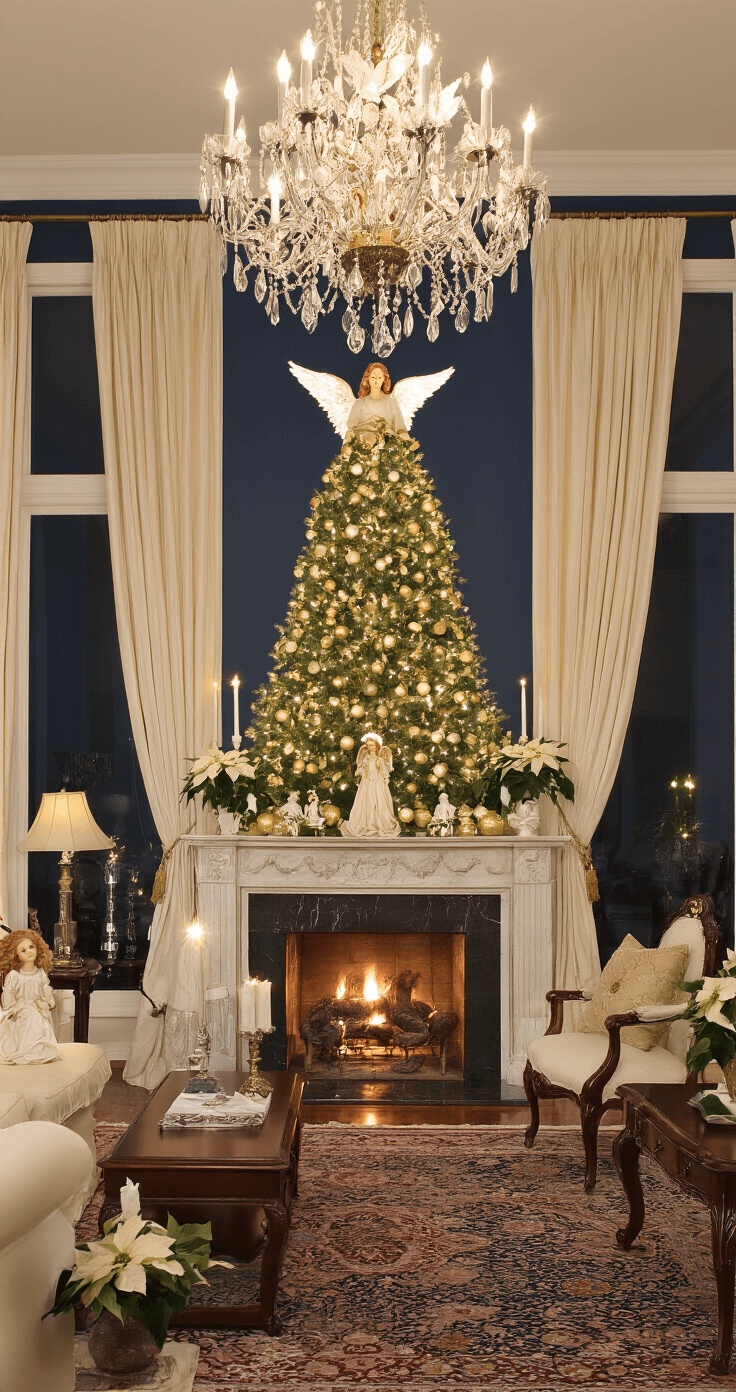 Ultimate Christmas Tree Toppers Guide: Transform Your Holiday Decor An elegant formal living room in the evening featuring a warm chandelier light, a towering Noble fir tree with gold ornaments and a porcelain angel topper, a marble fireplace decorated with angel figurines and white poinsettias, cream silk curtains framing tall windows, a Persian rug, and rich mahogany furniture with crystal accents, all set against a deep navy wall.