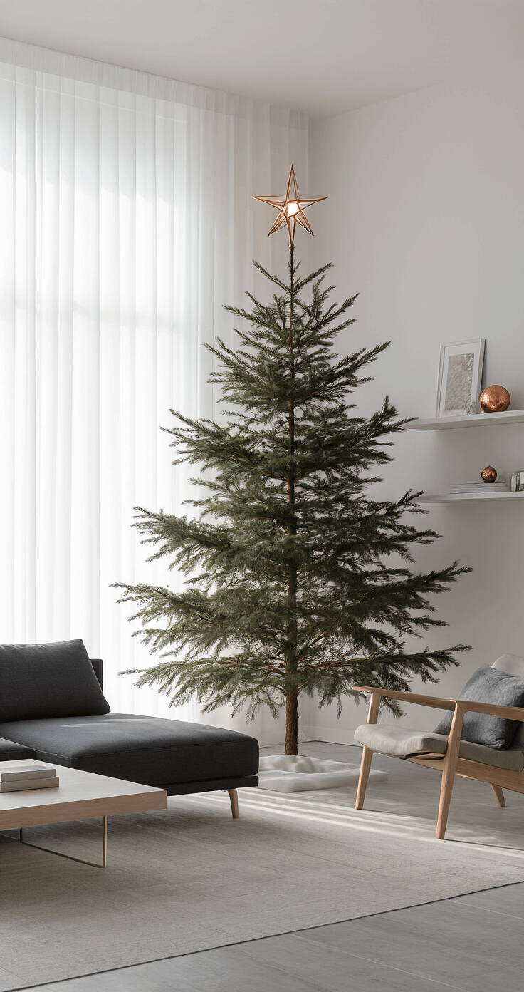 Ultimate Christmas Tree Toppers Guide: Transform Your Holiday Decor Modern minimalist living space featuring a Nordmann fir adorned with a geometric copper star topper, Scandinavian white oak furniture, a charcoal linen sectional, and concrete floors, all bathed in soft morning light.