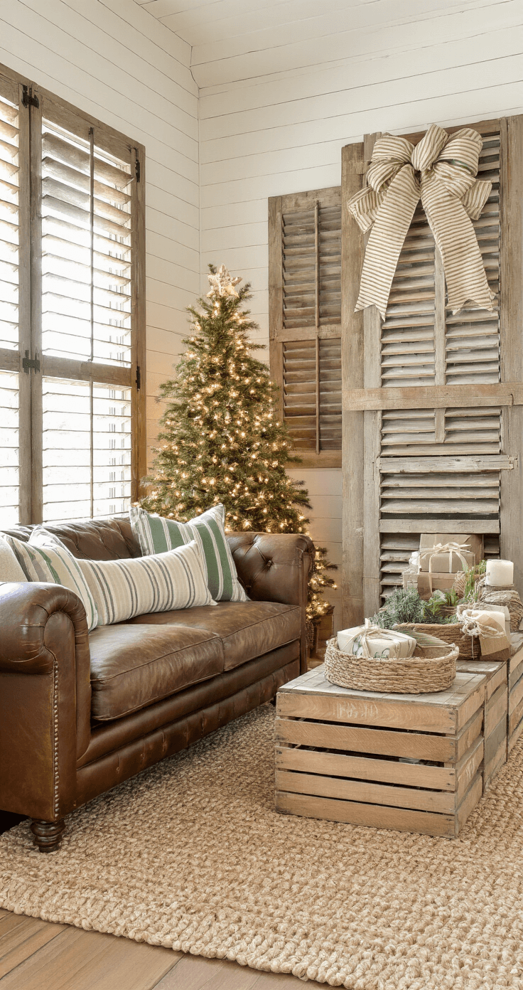 Ultimate Christmas Tree Toppers Guide: Transform Your Holiday Decor A cozy rustic farmhouse family room with a towering Balsam fir tree adorned with a cream and sage striped burlap bow, bathed in golden afternoon sunlight filtered through reclaimed wood shutters. A distressed leather sofa faces a stone fireplace, surrounded by a braided jute rug, while shiplap walls painted warm white and mason jar string lights create a warm ambiance. Vintage wooden crates filled with wrapped presents add to the festive atmosphere, viewed from a child's perspective.