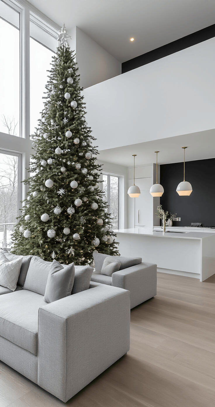Ultimate Christmas Tree Toppers Guide: Transform Your Holiday Decor A high-angle view of a contemporary open-concept great room featuring a 12ft Fraser fir Christmas tree with a minimalist geometric topper, sleek white kitchen island, gray sectional sofa, and a black accent wall, illuminated by winter morning light through floor-to-ceiling windows. Monochromatic silver and white ornaments adorn the tree, emphasizing the room's elegant design and architectural lines.