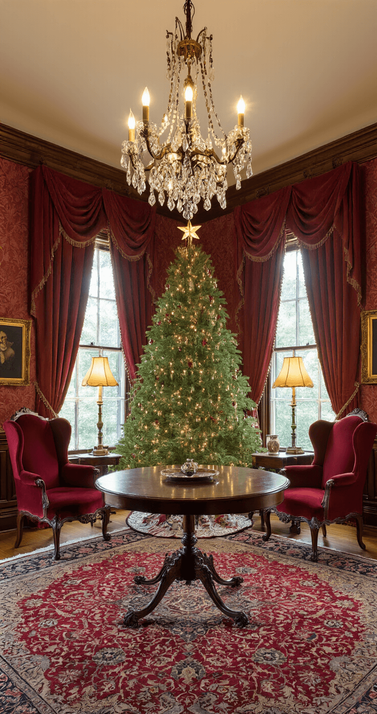 Ultimate Christmas Tree Toppers Guide: Transform Your Holiday Decor A traditional Victorian parlor at late afternoon, featuring a decorated 8ft Balsam fir with a vintage glass star topper, warm light from table lamps, burgundy damask wallpaper, ornate wooden furniture, a Persian carpet in deep reds and golds, velvet wing-back chairs, a crystal chandelier, and heavy brocade curtains framing tall windows, creating a symmetrical and richly textured historic interior.