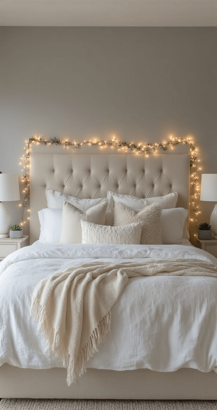 Neutral Christmas Decor: Create a Serene and Stylish Holiday Haven Serene master bedroom at twilight with string lights, oatmeal upholstered headboard against dove gray walls, layered white Belgian cotton bedding, neutral pillows, minimal nightstands with ceramic lamps and succulents, and a delicate garland of dried white roses.