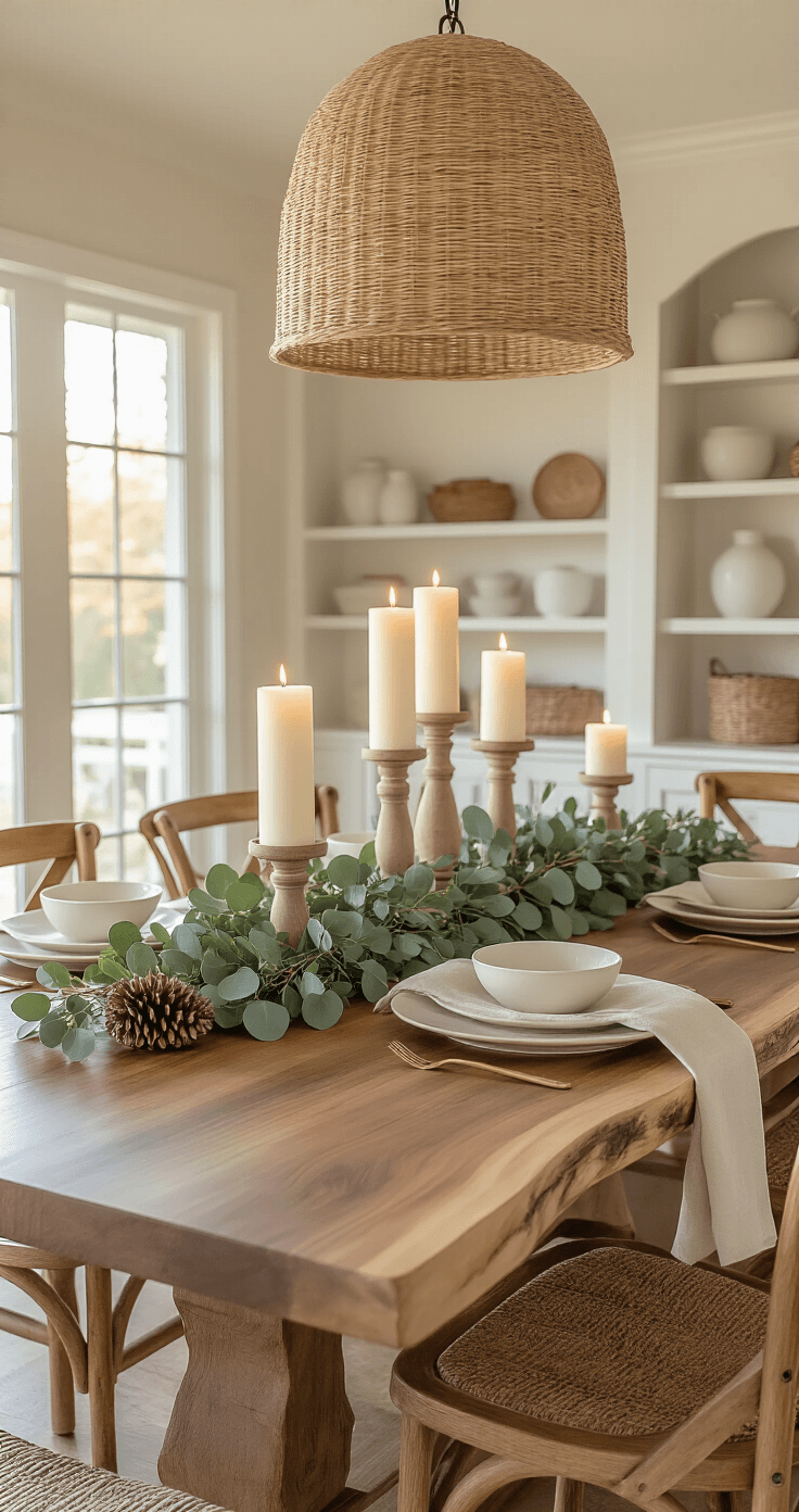 Neutral Christmas Decor: Create a Serene and Stylish Holiday Haven Elegant dining room during golden hour with natural light illuminating a live-edge walnut table set with white pillar candles, eucalyptus garland, and bleached pinecones, surrounded by weathered oak Windsor chairs, beneath a woven pendant light, creating an inviting atmosphere for holiday gatherings.
