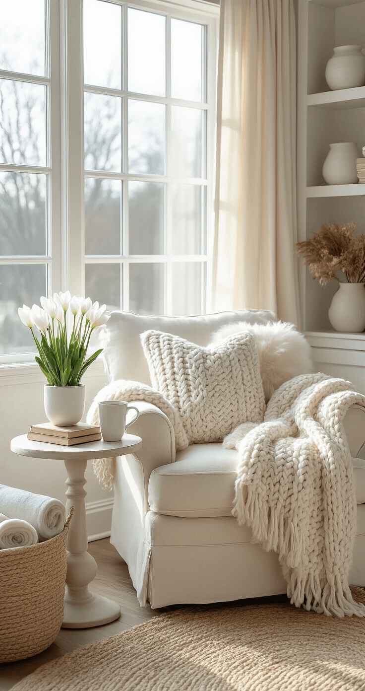 Neutral Christmas Decor: Create a Serene and Stylish Holiday Haven Cozy reading nook featuring an oversized cream linen armchair with a chunky cable-knit throw and faux sheepskin pillow, illuminated by soft morning light through a picture window. A round pedestal side table holds a white ceramic mug, vintage books, and a small potted white cyclamen, while a tall floor basket contains rolled neutral throws. Sheer curtains create gentle shadows and a jute area rug defines the space amidst built-in shelving displaying white pottery and dried botanicals, all captured from a seated eye level for an intimate, peaceful atmosphere.