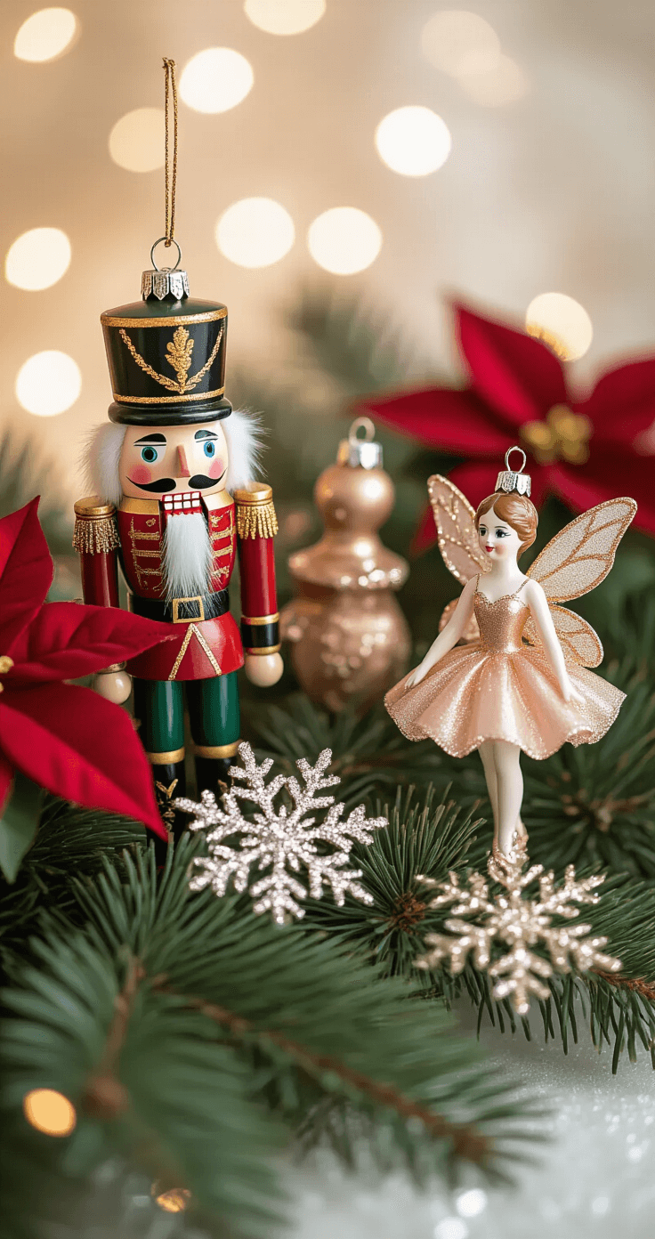 How to Create a Magical Nutcracker Christmas Tree: A Step-by-Step Styling Guide Close-up of nutcracker-themed Christmas ornaments on emerald pine branches, featuring a wooden nutcracker soldier, porcelain sugar plum fairy, and glittering snowflake ornaments, accented by deep red velvet poinsettias and champagne satin ribbon, with warm bokeh lights in the background.