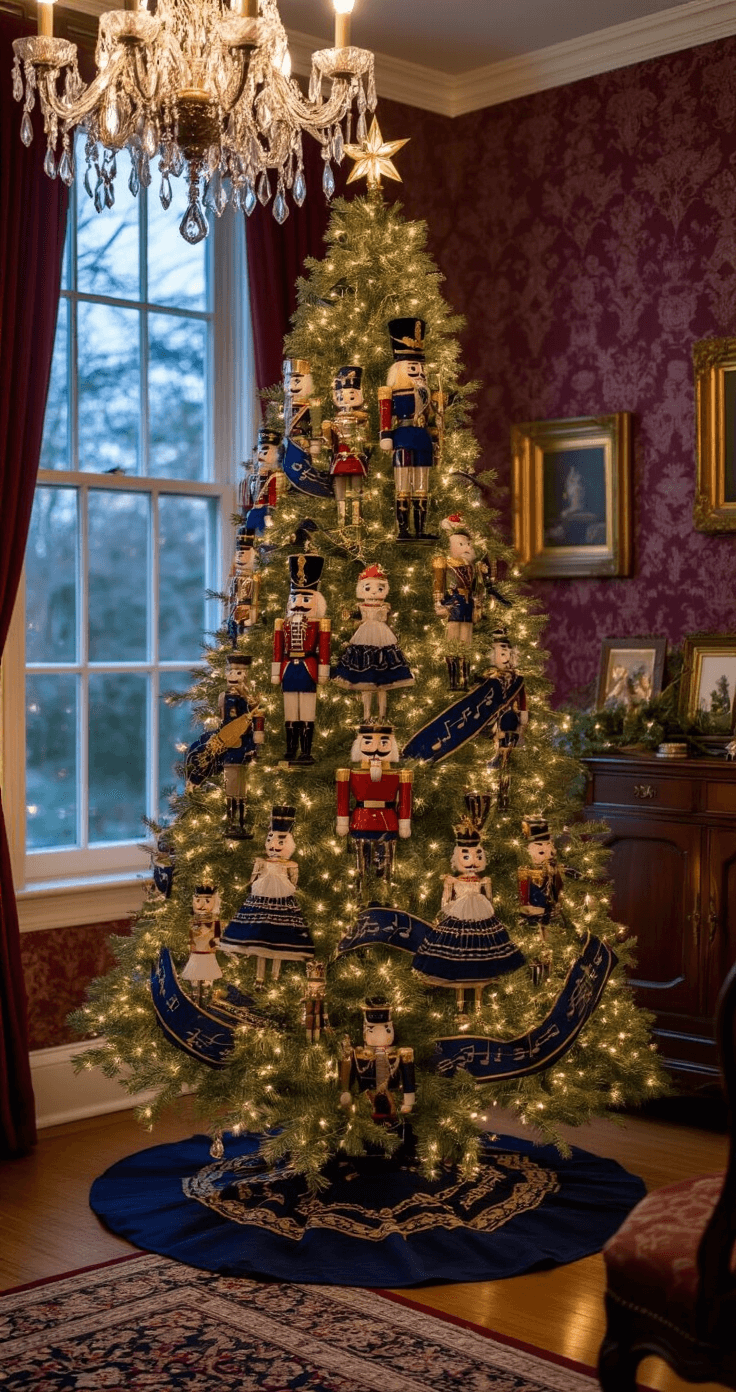 How to Create a Magical Nutcracker Christmas Tree: A Step-by-Step Styling Guide Medium shot of a Victorian-style parlor featuring a beautifully decorated 7-foot Noble fir Christmas tree, adorned with a nutcracker collection and navy blue and gold ribbon, set against burgundy damask wallpaper and a crystal chandelier, with warm and cool lighting enhancing the rich ambiance.