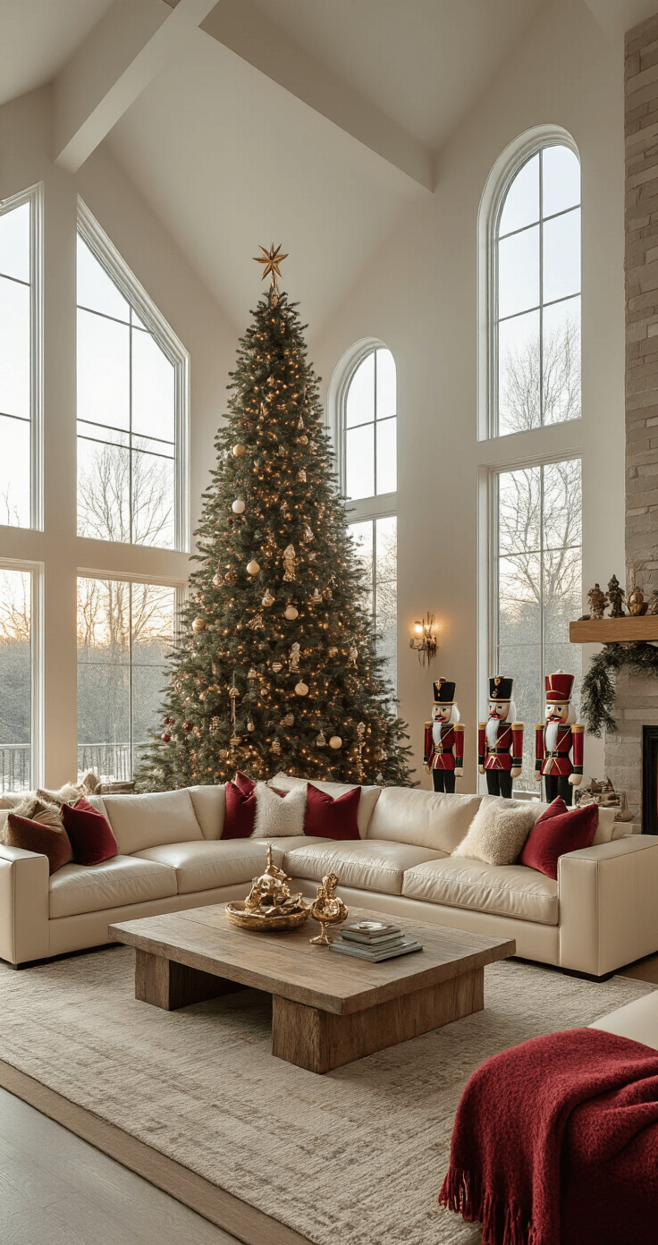 How to Create a Magical Nutcracker Christmas Tree: A Step-by-Step Styling Guide Wide shot of a decorated great room on Christmas morning, featuring a tall Douglas fir with nutcracker-themed ornaments, a cream leather sectional, and deep red and emerald accents, all illuminated by soft natural light.