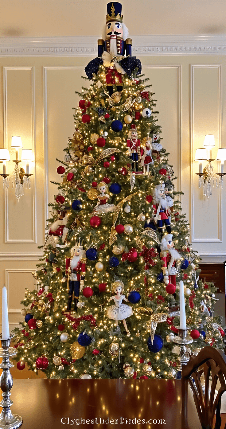 How to Create a Magical Nutcracker Christmas Tree: A Step-by-Step Styling Guide Eye-level shot of a beautifully decorated nutcracker Christmas tree in a traditional dining room, featuring cream crown molding and wainscoting. The 8-foot Nordmann fir is topped with a large nutcracker king and adorned with ballerina ornaments in a balanced, color-blocked scheme of deep red, navy, and gold. The elegant Duncan Phyfe dining table with silver candelabras is set against a backdrop of warm, inviting mixed lighting from crystal sconces and the tree.