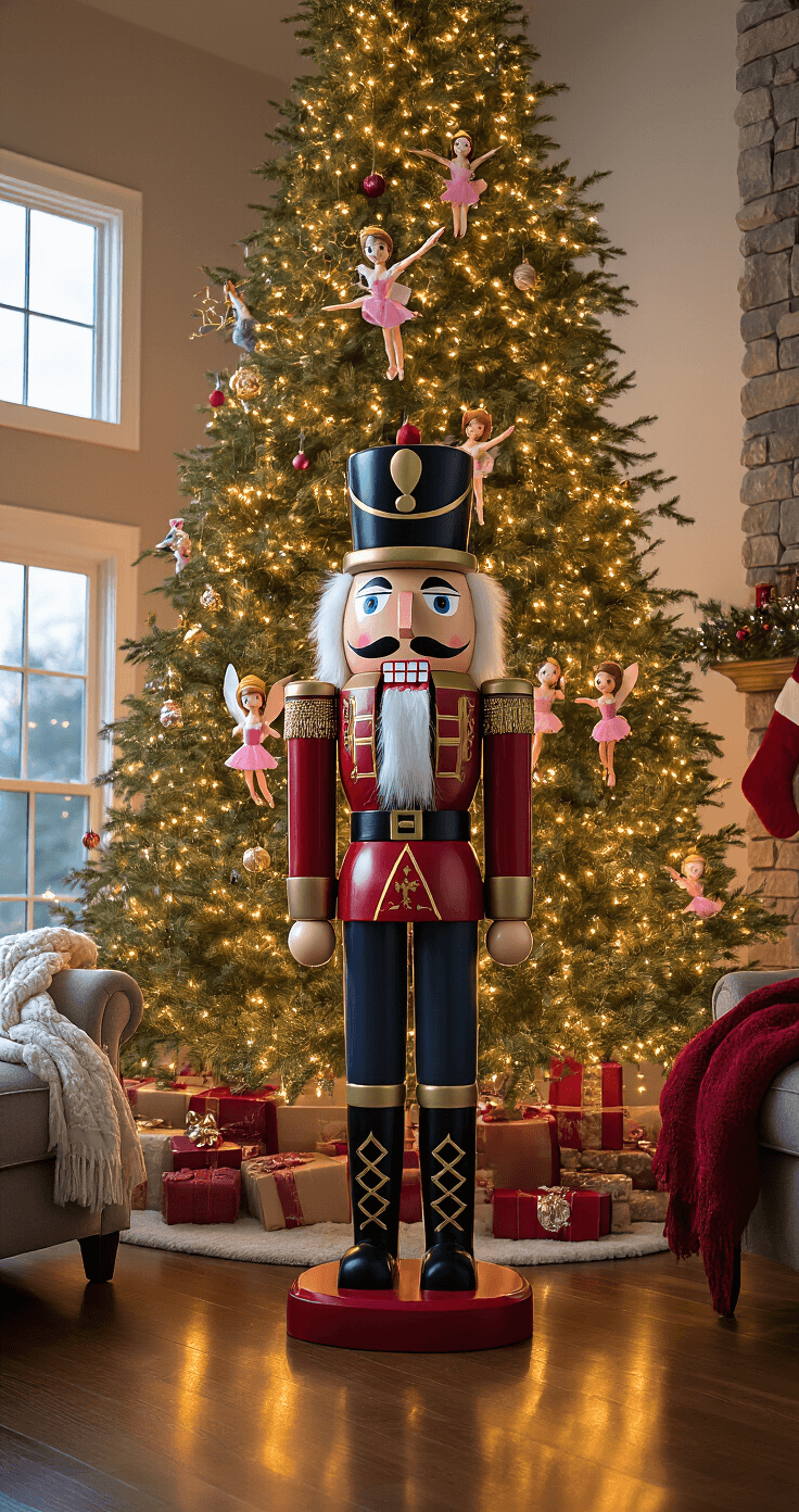 How to Create a Magical Nutcracker Christmas Tree: A Step-by-Step Styling Guide Low-angle view of a grand nutcracker soldier figurine in a cozy living room, illuminated by the warm glow of a fireplace and twinkling Christmas tree lights, with rich burgundy and gold accents, and festive ornaments adorning the tree.