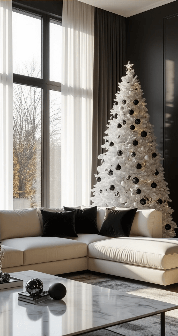 Black and White Christmas Tree: A Modern Holiday Design Statement Sophisticated living room featuring a pristine white Christmas tree beside a floor-to-ceiling window, adorned with matte black and glossy white ornaments, illuminated by golden hour light streaming through sheer curtains, with a luxurious cream sectional sofa and polished marble coffee table, all set against charcoal gray walls.