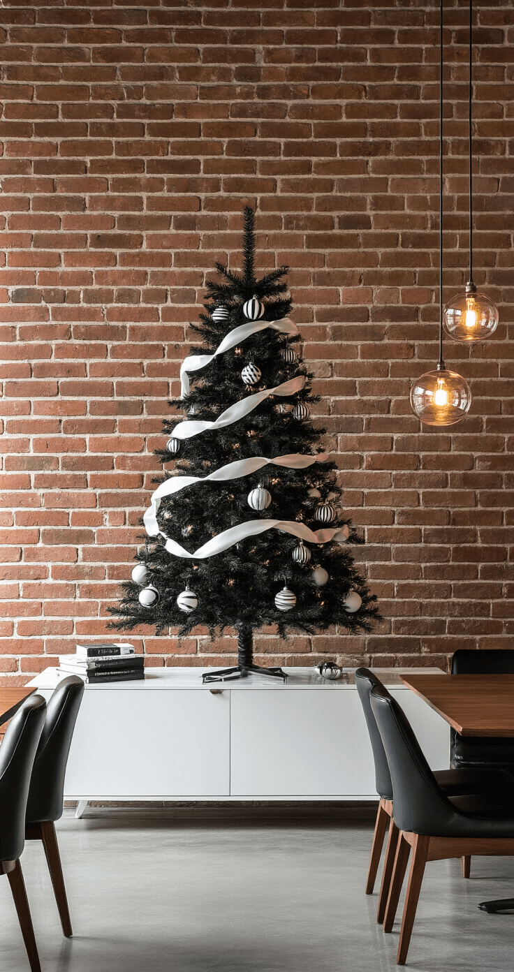 Black and White Christmas Tree: A Modern Holiday Design Statement A modern dining room featuring a black Christmas tree centerpiece on a white lacquered console table against an exposed brick wall, with warm pendant lighting casting geometric shadows. The tree is adorned with marble-finish baubles, striped glass ornaments, and white satin ribbon. In the foreground, a mid-century walnut dining table and black leather chairs complement polished concrete floors that reflect the ambient light.