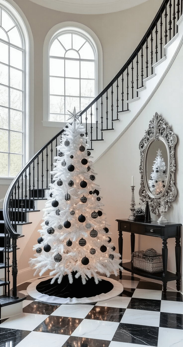 Black and White Christmas Tree: A Modern Holiday Design Statement Elegant entryway foyer with a flocked tree beneath a curved staircase, adorned with black and white ornaments and velvet ribbon, bathed in natural light from transom windows, featuring marble checkerboard flooring and an antique console table with coordinating decor.