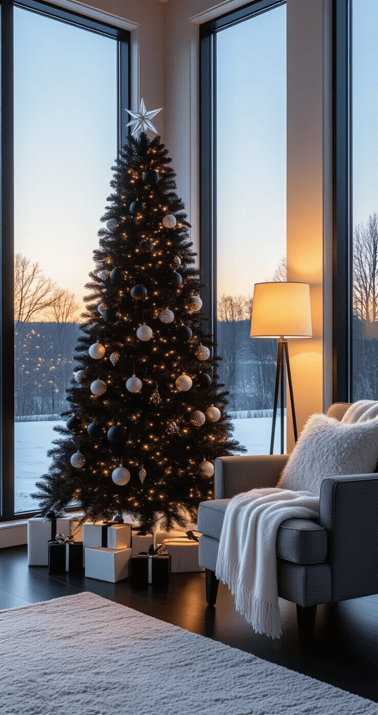Black and White Christmas Tree: A Modern Holiday Design Statement Contemporary bedroom corner featuring a slim black Christmas tree with white fur ornaments and metallic accents, illuminated by warm lamp light, against a backdrop of floor-to-ceiling windows revealing a winter landscape at twilight. A plush gray armchair with a white cashmere throw and a cream area rug on dark hardwood floors complete the serene and luxurious atmosphere.