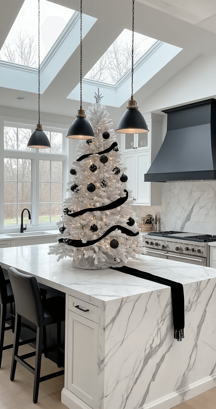 Black and White Christmas Tree: A Modern Holiday Design Statement Open-concept kitchen with a large island featuring a white Christmas tree adorned with matte black geometric ornaments and black velvet ribbon, surrounded by stainless steel appliances and sleek white cabinets. Bright morning light filters through skylights, highlighting the waterfall marble countertop and creating a crisp atmosphere.