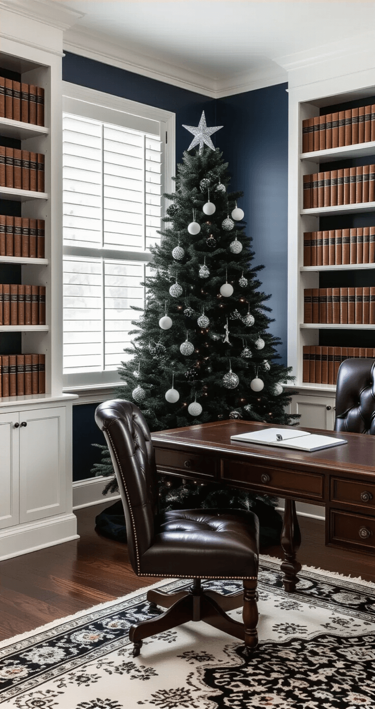 Black and White Christmas Tree: A Modern Holiday Design Statement Cozy home office library featuring a 5-foot black Christmas tree between built-in white bookcases, leather-bound books, warm light creating striped shadows on navy walls, and a vintage leather desk chair with a mahogany writing desk on a cream and black Persian rug.