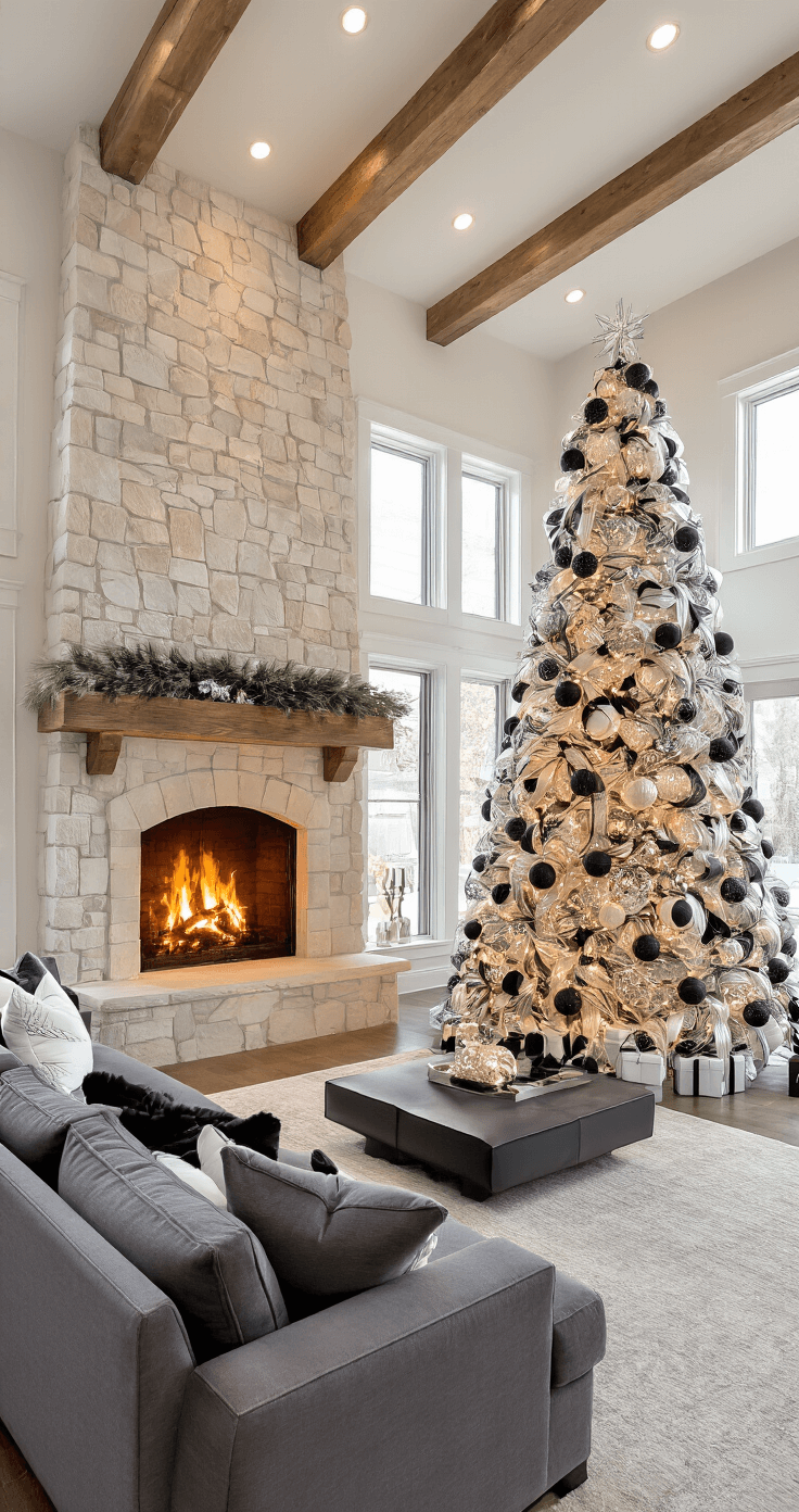 Black and White Christmas Tree: A Modern Holiday Design Statement Spacious family room with a large white Christmas tree beside a stone fireplace, decorated with black and white baubles and a geometric topper, featuring warm golden firelight and recessed lights, a charcoal gray sectional sofa, and exposed wooden beams.