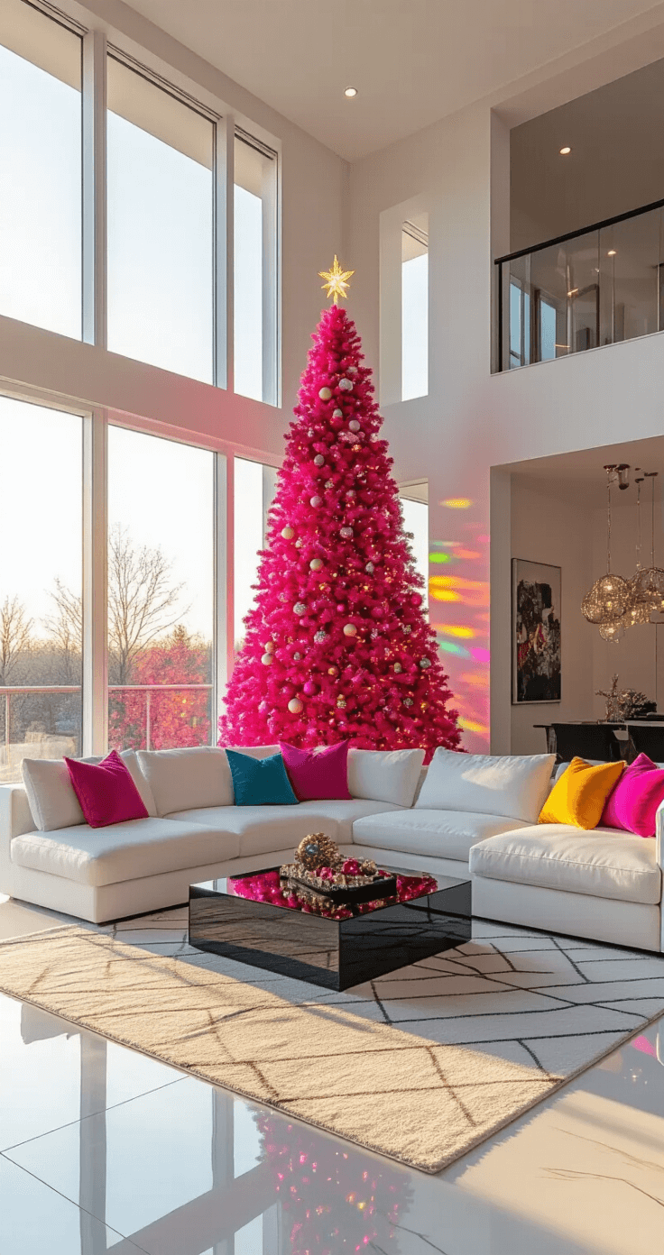 A modern living room featuring a hot magenta pink Christmas tree as the centerpiece, illuminated by golden hour light streaming through floor-to-ceiling windows, surrounded by a contemporary white sectional sofa, colorful throw pillows, and a glossy black coffee table on white marble flooring with a geometric area rug, showcasing shimmering metallic ornaments and programmable LED string lights reflecting vibrant colors on the walls.