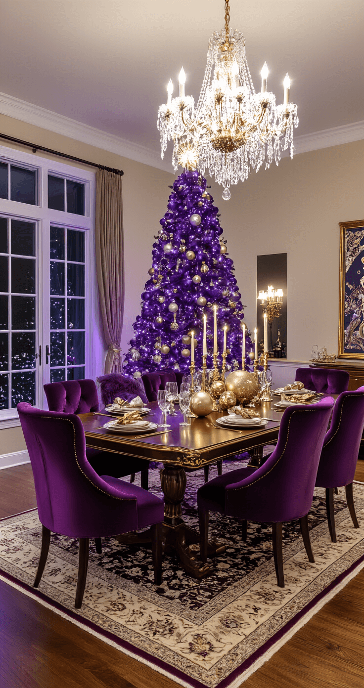 Elegant dining room featuring a royal purple Christmas tree under ambient lighting from a crystal chandelier, with a mahogany dining table adorned with gold accents and deep jewel-toned velvet chairs. The scene showcases rich hardwood floors complemented by a Persian runner, sophisticated glass and metallic ornaments, and warm LED accents, all capturing the room's grandeur and upscale holiday styling.