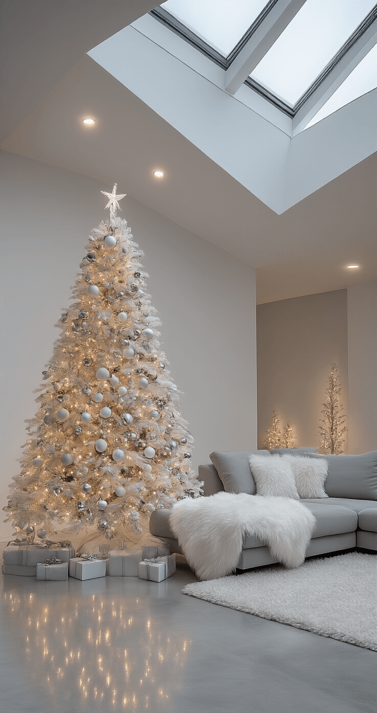 A contemporary open-concept space featuring a pristine white Christmas tree adorned with shimmer ornaments and crystal decorations, highlighted by soft daylight from skylights. A sleek grey sectional with white fur throws complements the polished concrete floors, while minimalist decor with metallic accents and cool-toned LED lighting enhances the bright, airy atmosphere. The scene, captured from an elevated angle, showcases a sophisticated monochromatic style with geometric accessories throughout the space.
