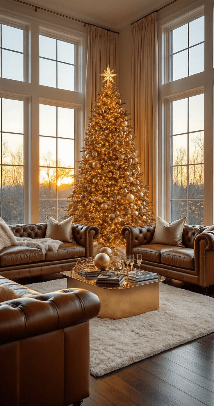 Luxurious living room with a metallic gold Christmas tree, warm sunset lighting, rich cognac leather furniture, dark hardwood floors, plush cream rug, opulent brass accents, glamorous metallic ornaments, golden LED string lights, and elegant decor including champagne glasses and silk flowers, shot from a low angle during golden hour.