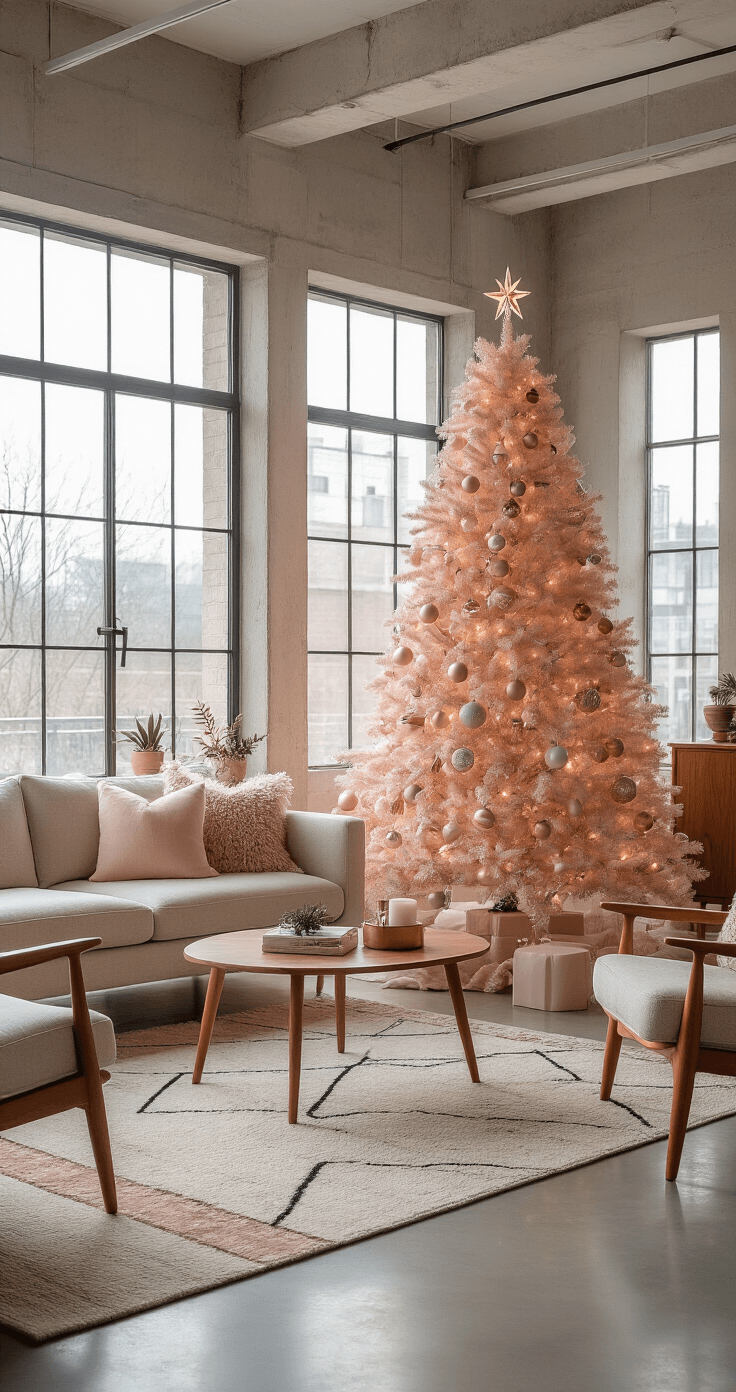 A chic modern living room featuring a soft blush pink Christmas tree, mid-century wooden furniture, polished concrete floors, and a geometric rug. The space is bathed in afternoon light from industrial windows, showcasing curated minimalist decor, pastel ornaments, Bluetooth-controlled LED lights, and trendy accessories like succulents and copper accents.