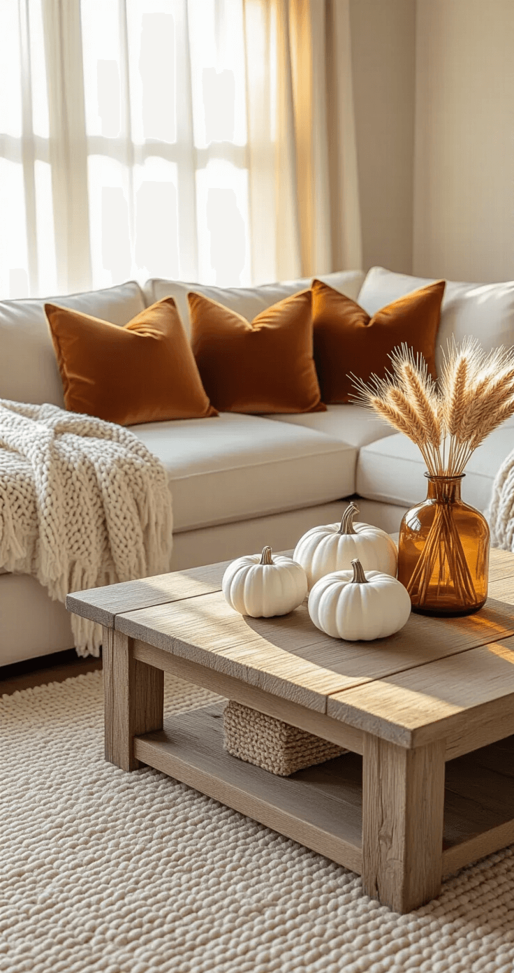 Cozy living room at golden hour with warm sunlight filtering through sheer curtains, featuring a cream sectional sofa adorned with oatmeal knit throws and rust velvet pillows, a reclaimed wood coffee table styled with white ceramic pumpkins and dried wheat in an amber vase, all on a soft taupe wool area rug.