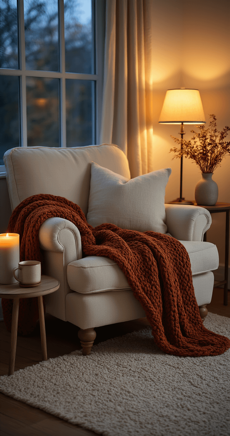 A cozy bedroom corner at dusk featuring a warm lamplight illuminating an oversized cream armchair draped with a rust-colored chunky knit throw and oatmeal linen pillows. A side table holds a ceramic mug, an autumn-scented candle, and dried botanicals in a small vase. A soft wool area rug covers wooden floors, while a window reveals twilight outside, creating an inviting atmosphere perfect for reading.