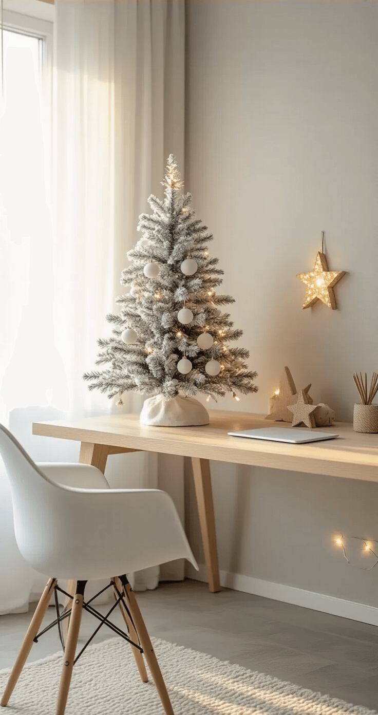 Photorealistic wide-angle view of a minimalist Scandinavian home office corner, featuring a petite white-flocked mini Christmas tree on a blonde wood floating desk, bathed in golden hour sunlight. The soft gray walls and natural wood accents are illuminated by sheer white curtains, with the tree adorned with white ceramic ornaments and warm LED fairy lights. A modern white ergonomic chair sits on a concrete floor with a cream wool rug, all captured at eye level with a shallow depth of field.
