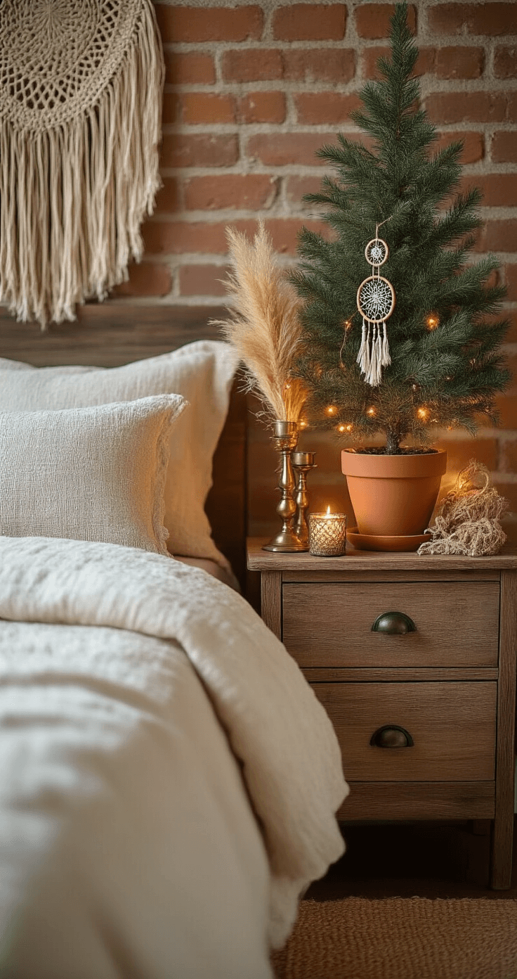 Intimate close-up of a boho chic bedroom nightstand vignette featuring a small live pine tree in a macrame-wrapped terracotta pot, surrounded by dried pampas grass and vintage brass candlesticks. The tree is adorned with mini dreamcatchers and wooden beads, with warm amber fairy lights creating a cozy ambiance. Textured linen bedding in cream and a woven wall hanging complement the exposed brick wall, with a natural jute rug under a weathered wood nightstand. Shot during blue hour twilight with soft diffused lighting and an earthy palette.