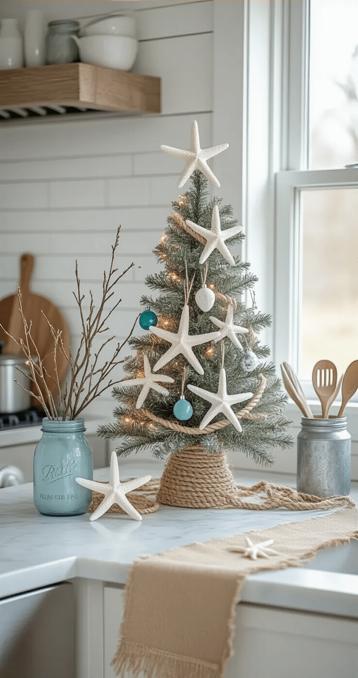 A coastal Christmas kitchen counter featuring a driftwood-based mini tree adorned with white starfish, sea glass baubles, and LED lights, set against a weathered shiplap backsplash and marble countertops, with vintage blue mason jars, a burlap table runner, and galvanized metal accessories, all illuminated by soft morning light from a large window.