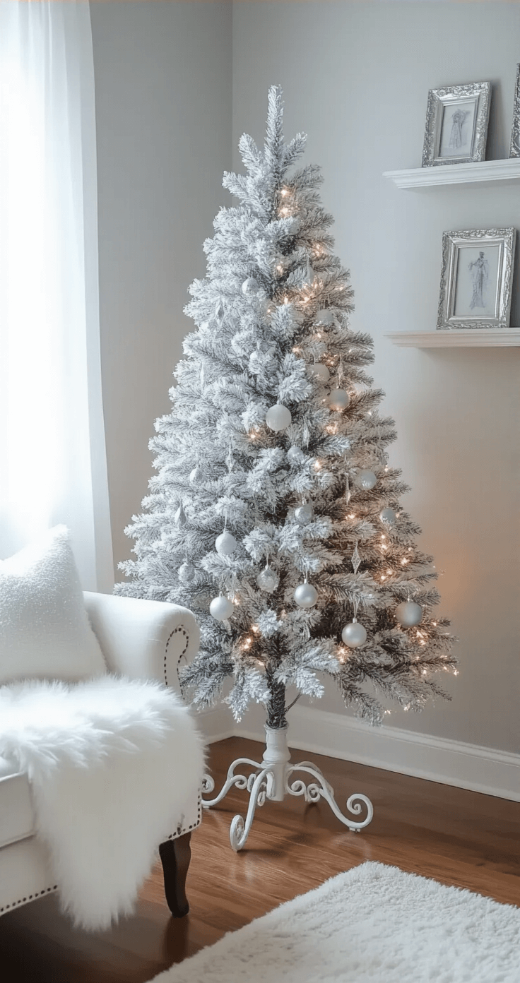A cozy winter-themed bedroom corner with a frosted mini tree on a vintage white iron plant stand, adorned with silver icicle ornaments, crystal drops, and twinkling blue-white fairy lights. The scene features soft gray walls, sheer white curtains, a plush white faux fur throw on a nearby chair, hardwood floors with a cream area rug, and delicate silver picture frames on floating shelves, all captured in a low angle shot that emphasizes the tree's height against a dreamy, soft-focused background.
