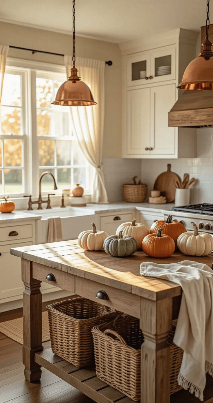 Spacious farmhouse kitchen bathed in warm golden hour sunlight, featuring white shaker cabinets, a reclaimed wood island adorned with cream, sage, and burnt orange pumpkins, and amber-lit copper pendant lights illuminating marble countertops, complemented by woven baskets and autumn-hued linen tea towels.