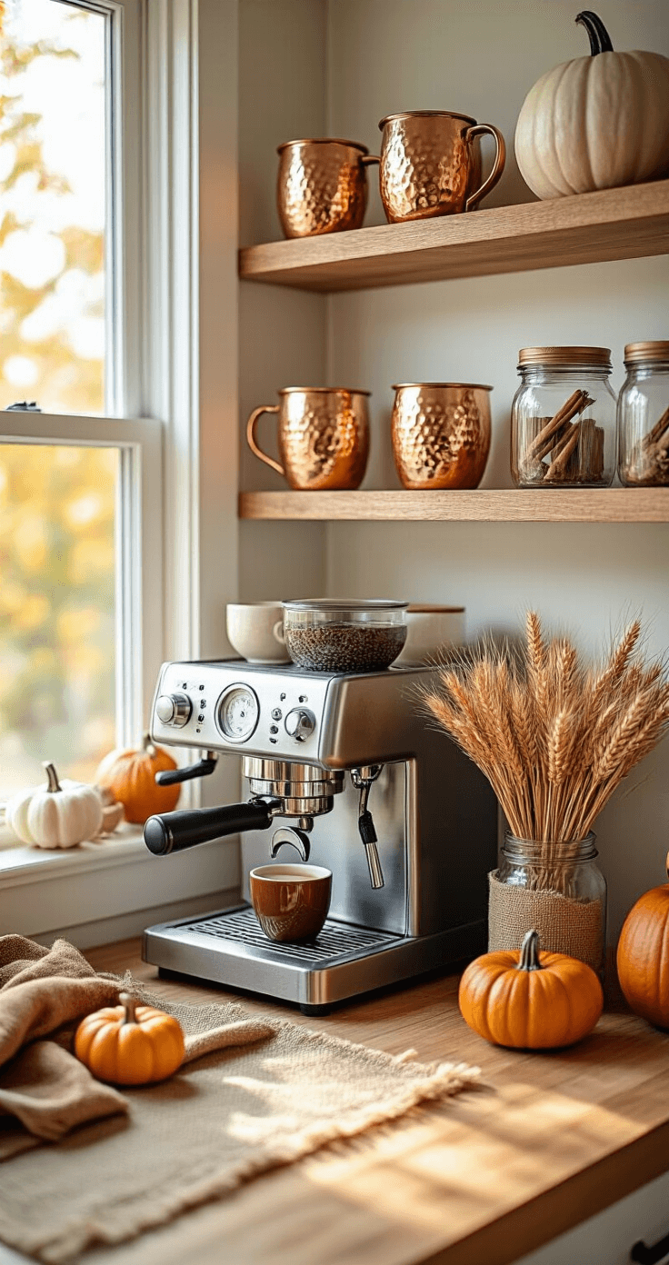 Cozy coffee station corner with warm afternoon light featuring open floating shelves showcasing copper mugs and glass canisters, an espresso machine on a butcher block counter surrounded by autumn elements like mini pumpkins and dried wheat stalks in mason jars, complemented by a burlap table runner and rust and cream linen dish towels.