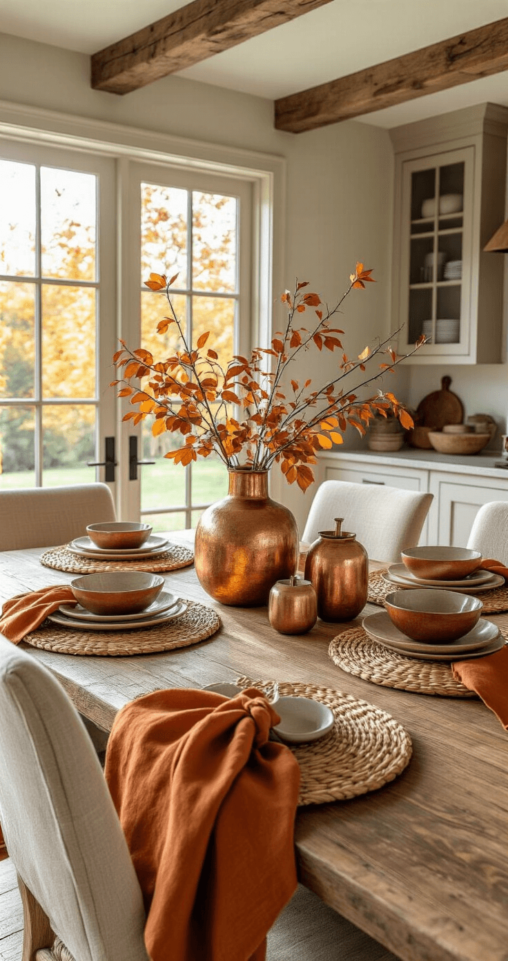 Elegant kitchen dining area during golden hour, featuring a rustic wooden table set with woven rattan placemats, burnt orange linen napkins, and textured ceramic dishes. A fall foliage centerpiece in copper vessels complements the seasonal decor, while warm taupe upholstered chairs and exposed ceiling beams enhance the cozy atmosphere. Natural light casts dramatic shadows on rich autumn textures, creating an inviting setup for sophisticated entertaining.